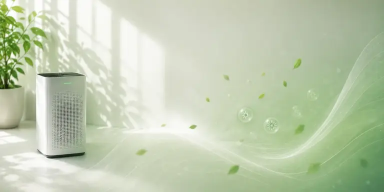 Air purifier with fresh leaves and healthy molecules floating in the air