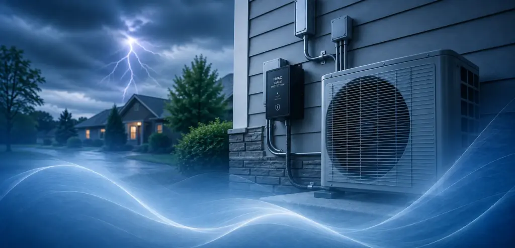 HVAC Surge Protection system with a lightning strike in the background